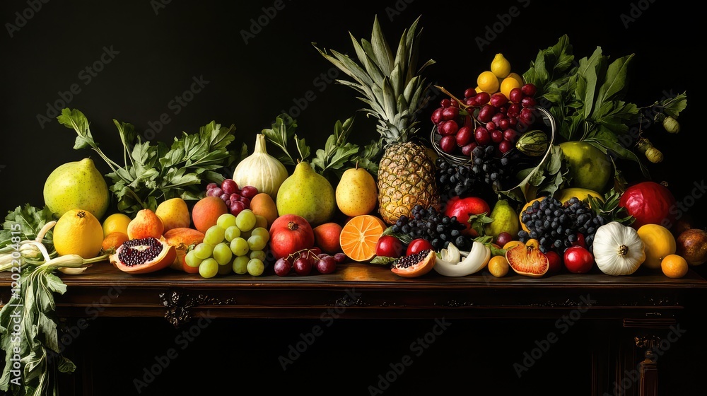 Poster colorful assortment of fresh fruits and vegetables displayed on a wooden table against a black backg