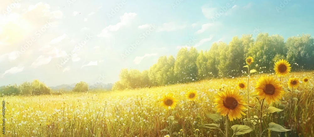 Aufkleber sunflower field under bright blue sky with clouds and trees in background copy space