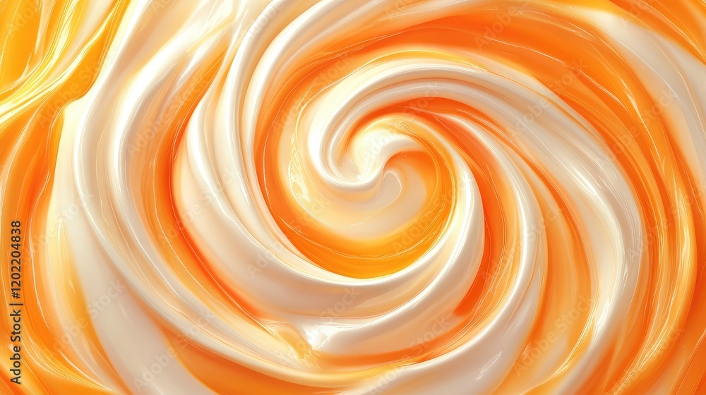 Poster Swirling abstract orange and white cream texture background with smooth glossy surface and Copy Space