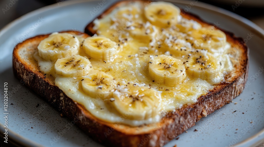 Poster toast topped with banana slices drizzled with honey and sprinkled with black pepper on a grey plate 