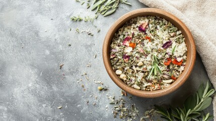 Herbal mixture in a wooden bowl with scattered dried herbs on a gray stone surface with copy space for text.