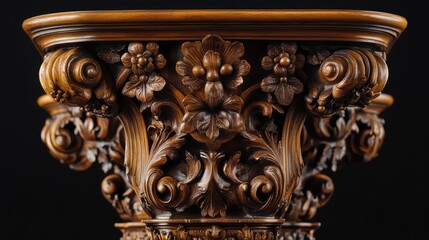 Intricately carved wooden column capital with floral and scroll details on a dark background Copy Space