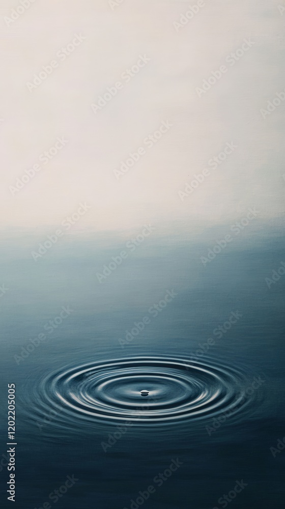 Poster single drop of water creating expanding ripples on a calm dark blue surface, reflecting a clear sky,