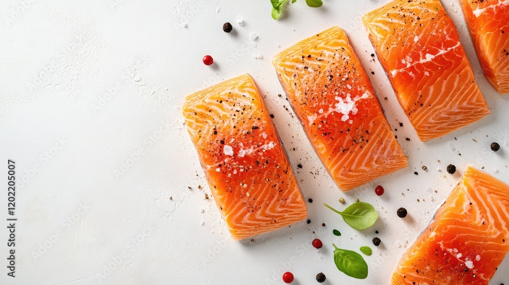 Poster fresh salmon fillets arranged on a light background with colorful peppercorns and herbs with copy sp
