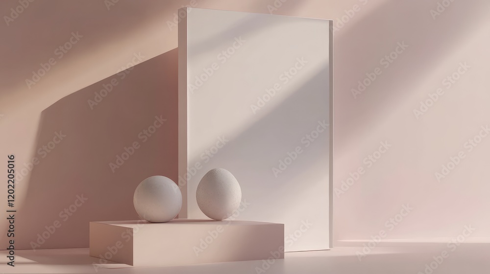 Poster minimalist still life composition with two white eggs and a blank rectangular panel on soft pastel b