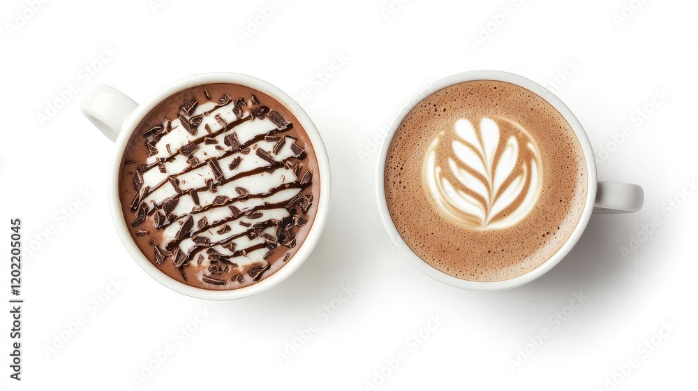 Poster two cups of coffee with chocolate and cream toppings on a white background with copy space