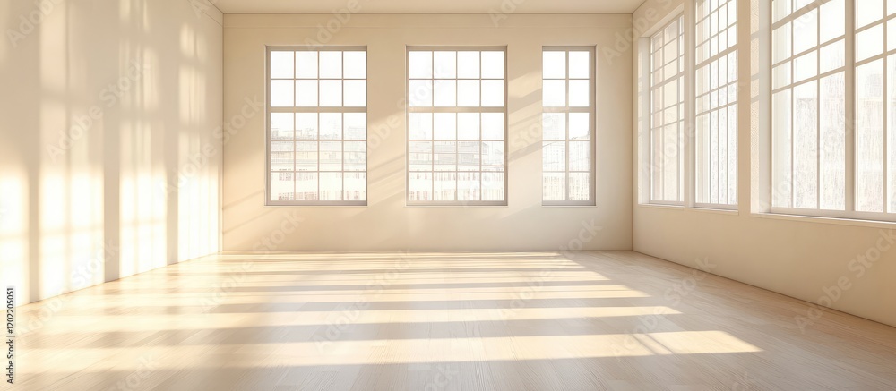 Aufkleber Empty room interior with large windows casting shadows on the floor and ample copy space for text or graphic elements