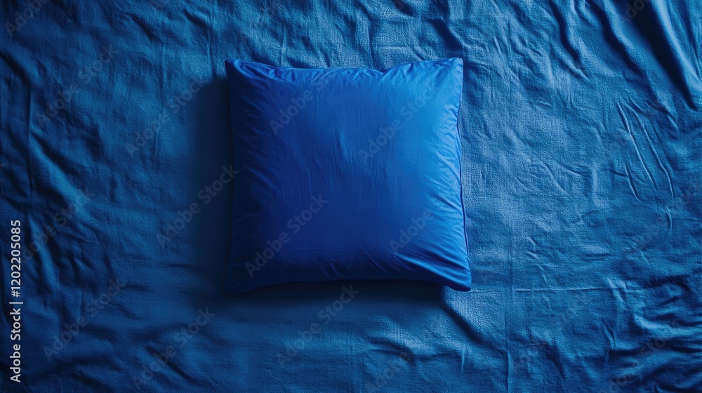 Aufkleber blue cushion on textured blue bedding with copy space for design elements or text