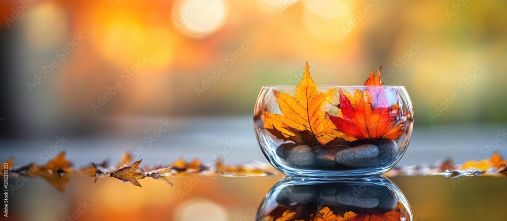 Aufkleber glass bowl filled with colorful autumn leaves and pebbles on a reflective surface surrounded by fall