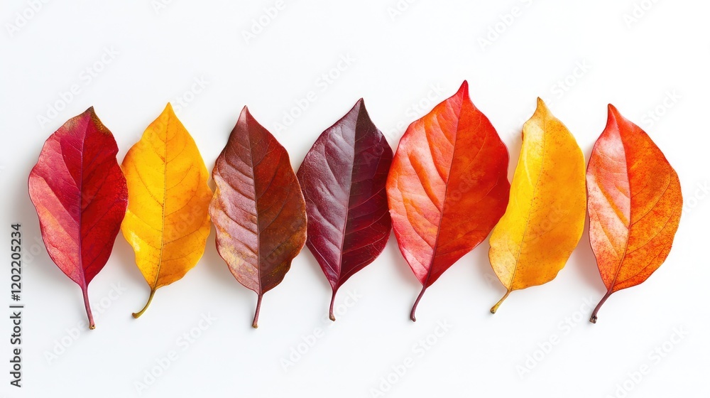Poster colorful autumn leaves arranged in a row on a white background with copy space for text.