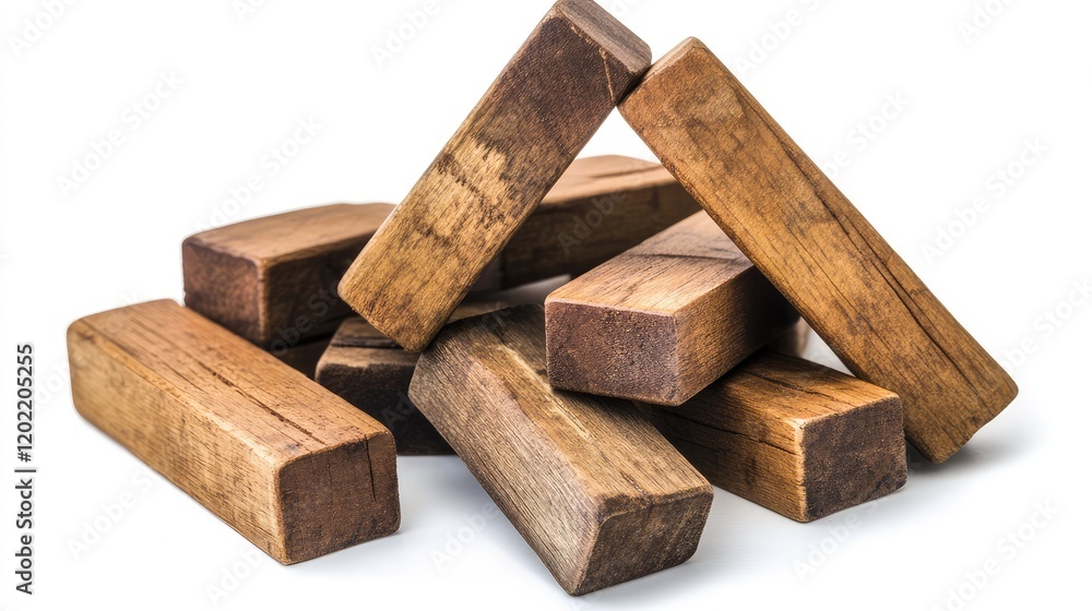 Poster Wooden blocks arranged in a haphazard stack on a white background with Copy Space for text placement