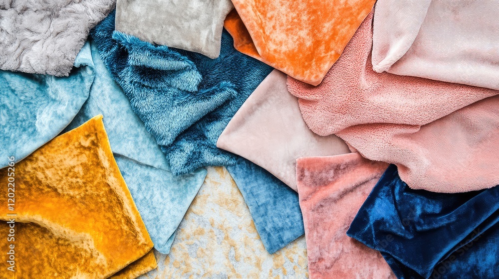 Poster Colorful assortment of textured fabric samples in various shades and patterns with copy space for text.