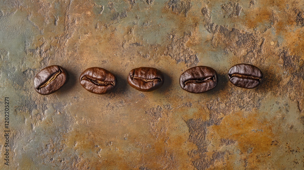 Poster Coffee beans arranged in a row on textured surface with copy space for text. High quality image of roasted coffee beans for food photography.