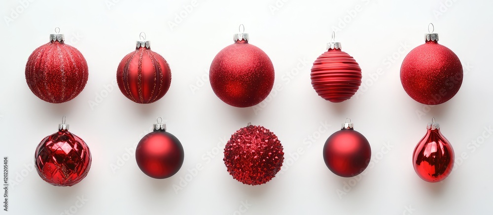 Poster Red Christmas ornaments collection arranged in two rows on a white background with Copy Space for text insertion.