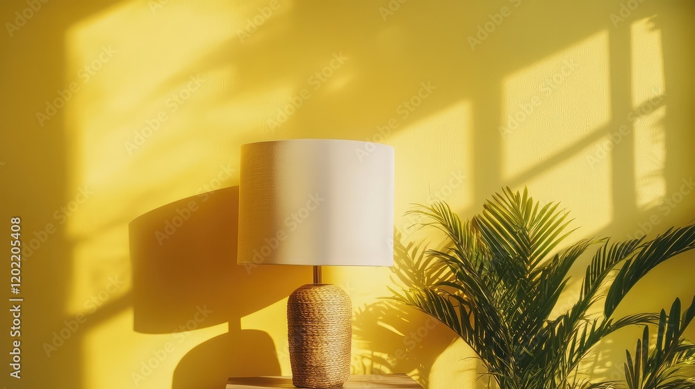 Aufkleber yellow wall with lamp and plant creating shadows and natural light copy space