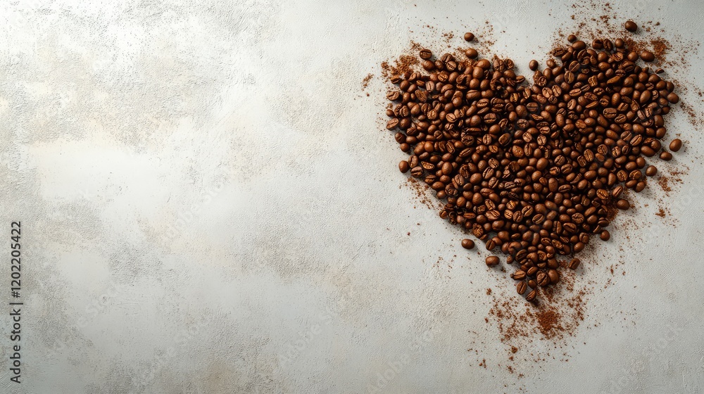 Poster Heart shape made of roasted coffee beans on textured background with Copy Space for text