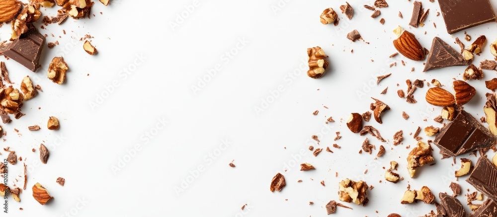 Poster Chocolate pieces and nuts scattered on a white background with ample copy space for text placement.