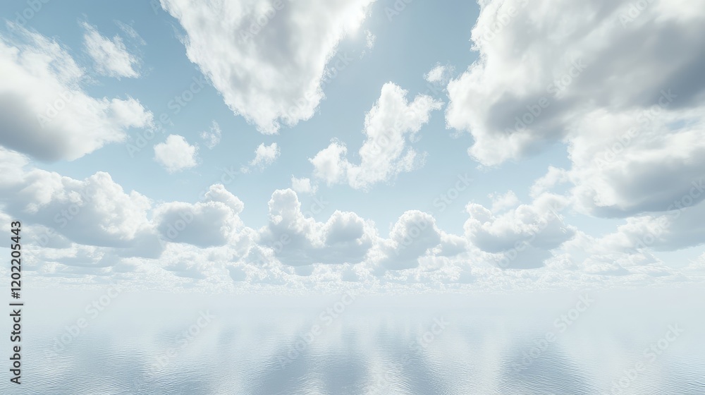 Poster vast tranquil ocean surface reflecting fluffy white clouds under a bright blue sky with copy space f