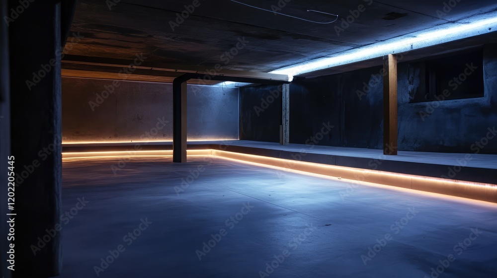 Poster dark empty room with illuminated edges and low lighting creating a modern industrial space copy spac
