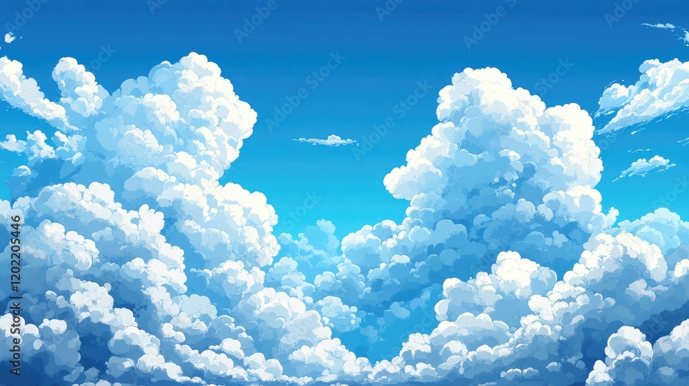 Poster Fluffy white clouds in a bright blue sky with copy space for text and design elements. Ideal for backgrounds and digital artwork.