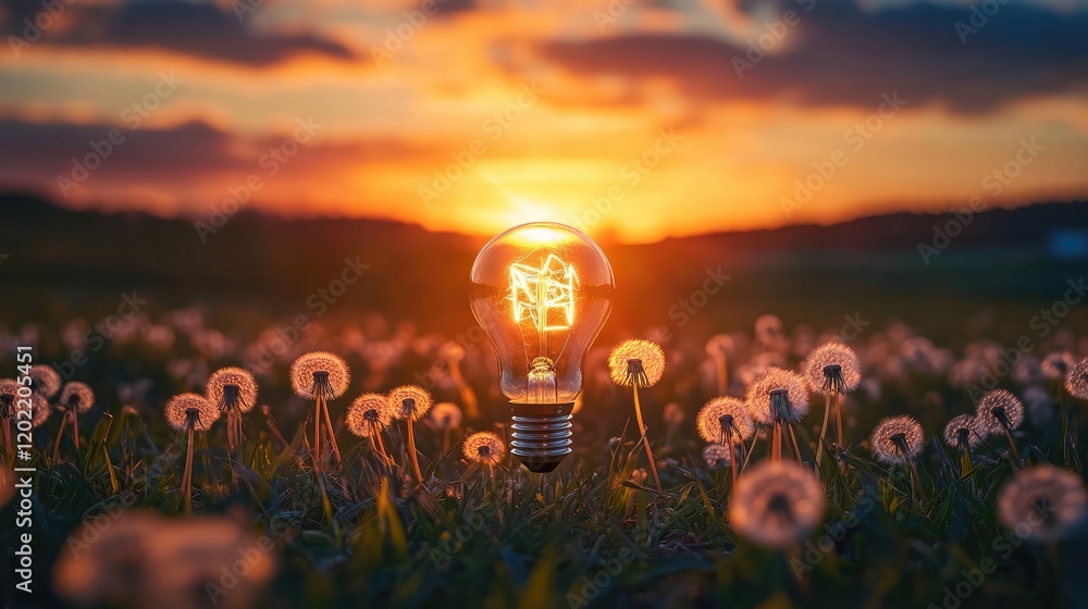 Fototapete Light bulb on grass field filled with dandelions during sunset sky with clouds and colors in the background Copy Space