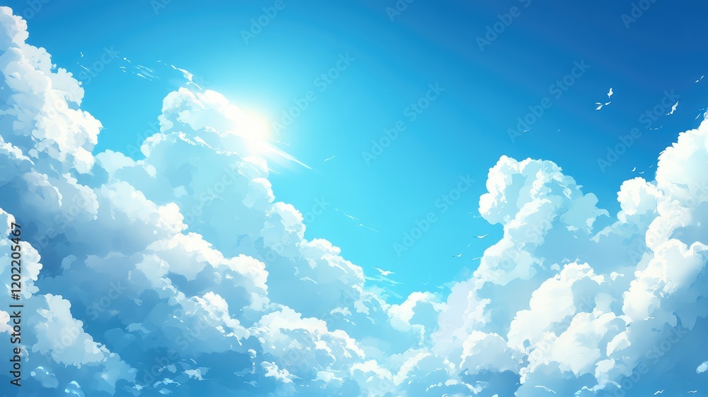 Poster Blue sky with fluffy white clouds illuminated by sunlight, digital art with Copy Space for text placement.