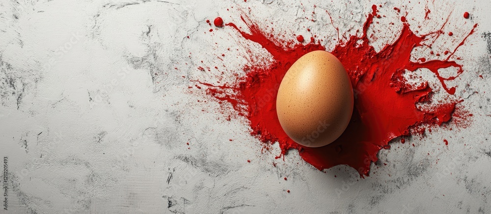 Aufkleber egg on red paint splash on textured white surface with copy space for text