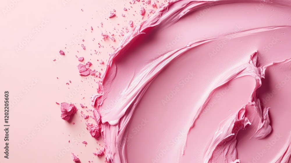 Aufkleber pink creamy texture with scattered crumbs on a pastel pink background offering ample copy space for 