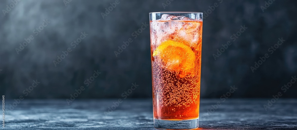 Poster refreshing cocktail in a tall glass with ice and a slice of orange on a dark textured background cop