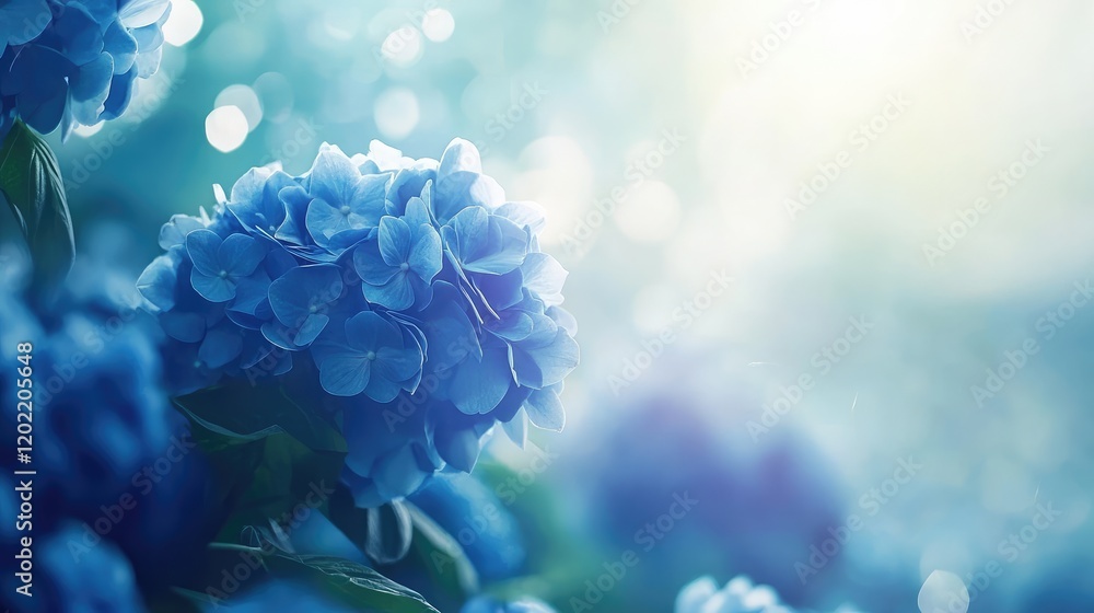 Leinwandbilder Blue Hydrangea Flowers with Soft Bokeh Background and Copy Space for Text Usage