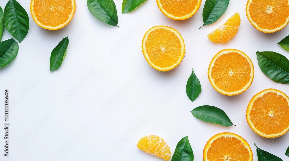 Poster sliced oranges with fresh green leaves on a white background with copy space for text placement