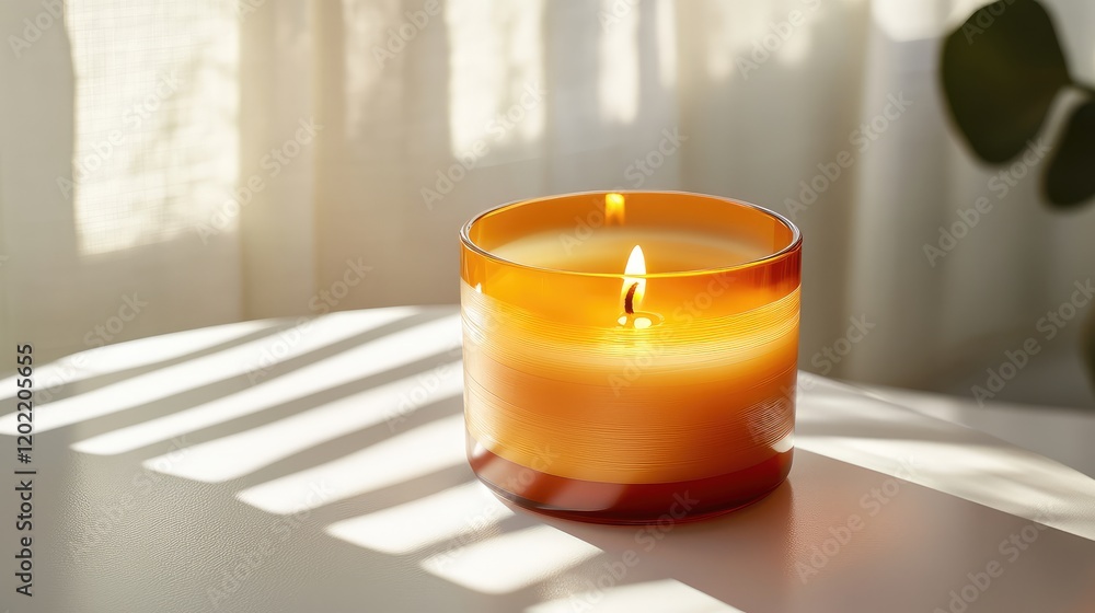 Aufkleber burning candle in an amber glass container on a white surface with soft sunlight and shadow patterns