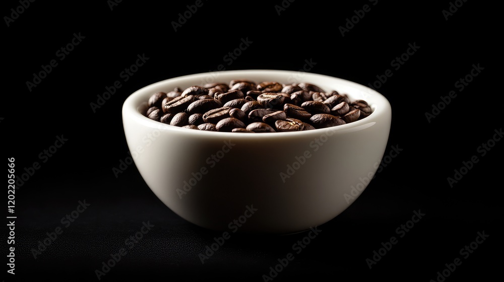Poster coffee beans in a white bowl against a black background with copy space for text placement