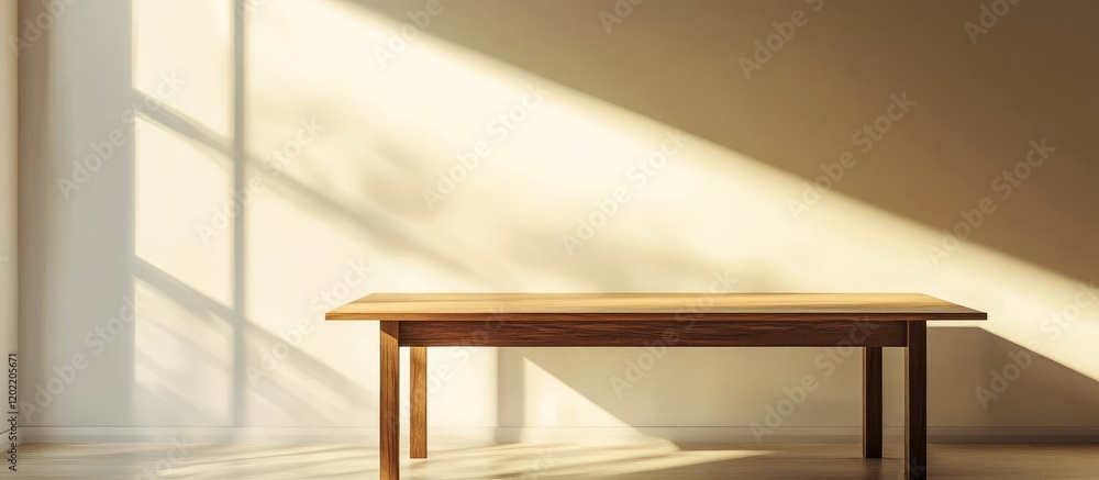 Poster minimalist wooden table in a sunlit room with soft shadows and copy space for text.