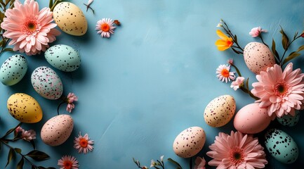Colorful Easter eggs and blooming flowers arranged on a blue background for spring celebration