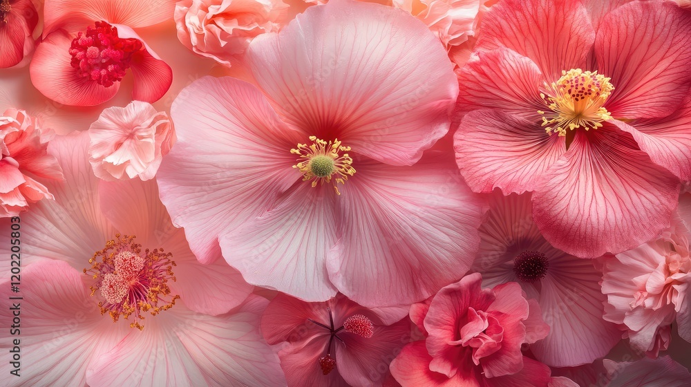 Poster colorful close-up of various pink flowers with delicate petals and intricate details on a soft backg