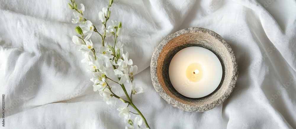 Poster white candle in a stone holder beside a sprig of white flowers on a soft fabric backdrop with copy s
