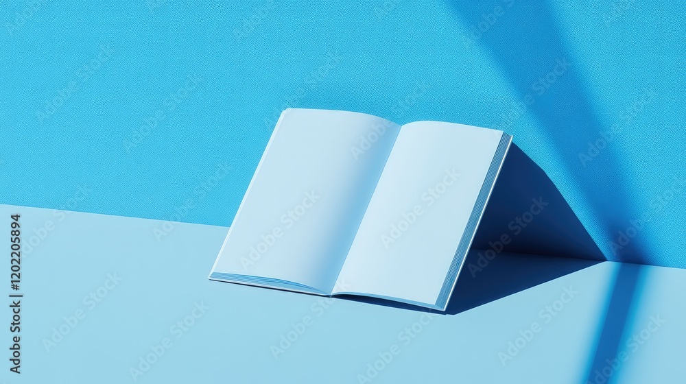 Fototapete Open blank book on solid blue background with copy space and soft shadows creating depth and texture.