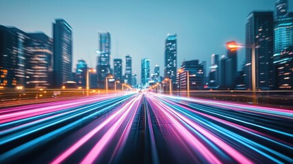 Fototapeta premium A vibrant city skyline at dusk, showcasing colorful light trails from moving vehicles on a bustling highway.
