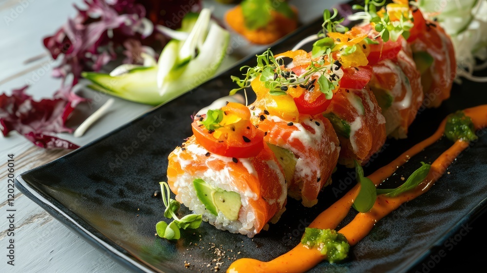 Poster sushi roll with salmon avocado and vegetables garnished with microgreens on black rectangular plate 