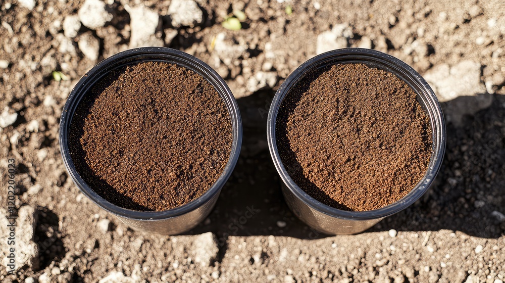 Aufkleber Two black pots filled with rich brown soil placed on bare ground with visible pebbles and dirt, showing soil texture and color variations, Copy Space.