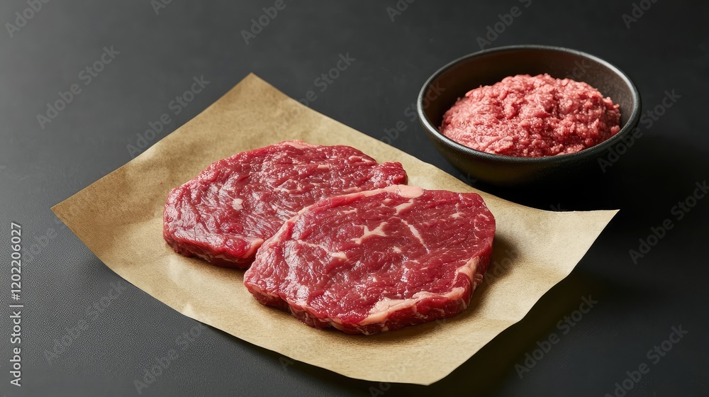 Poster raw beef steak cuts and minced meat in a bowl on a dark surface with copy space for text or advertis