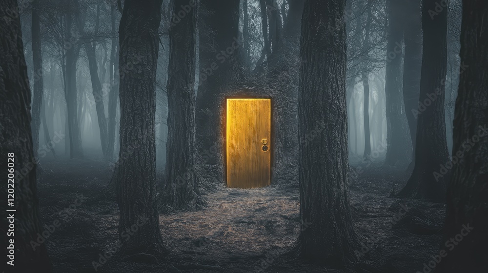 Poster mysterious golden door in a foggy dark forest surrounded by tall trees with eerie atmosphere and cop
