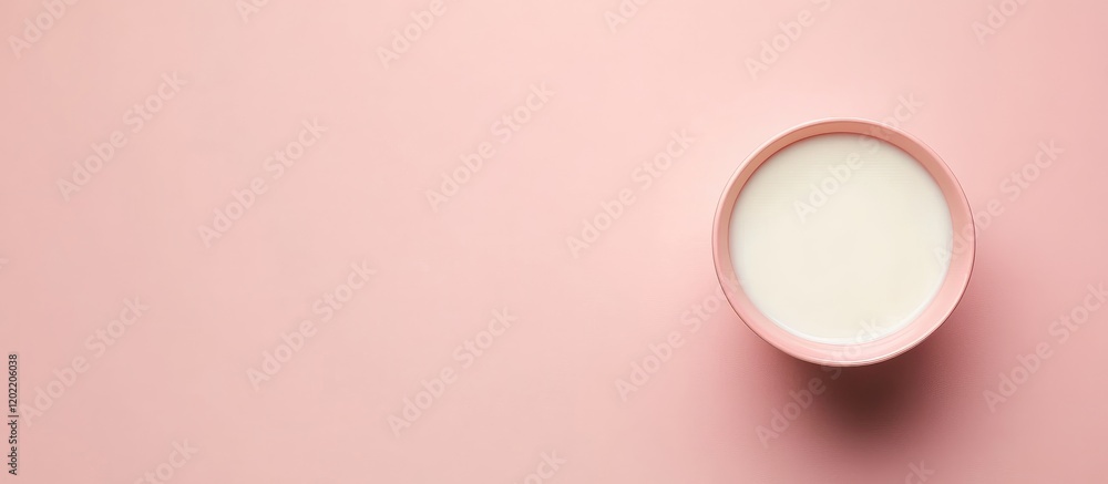 Aufkleber Pink background with a round pink bowl containing milk positioned on the left side, featuring Copy Space for text placement.