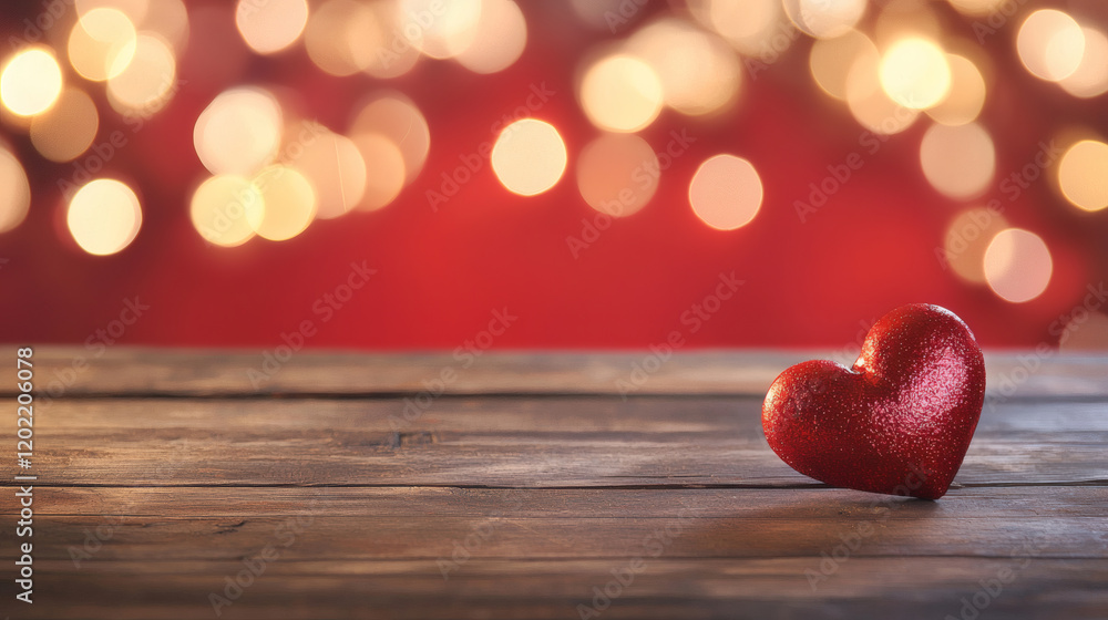 Poster sparkling red heart on wooden table with blurred bokeh background creates romantic atmosphere perfec