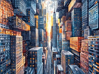 Obraz premium A breathtaking cityscape with towering skyscrapers at sunset. Warm hues blend with cool blues. Ideal for city lovers and futuristic designs.