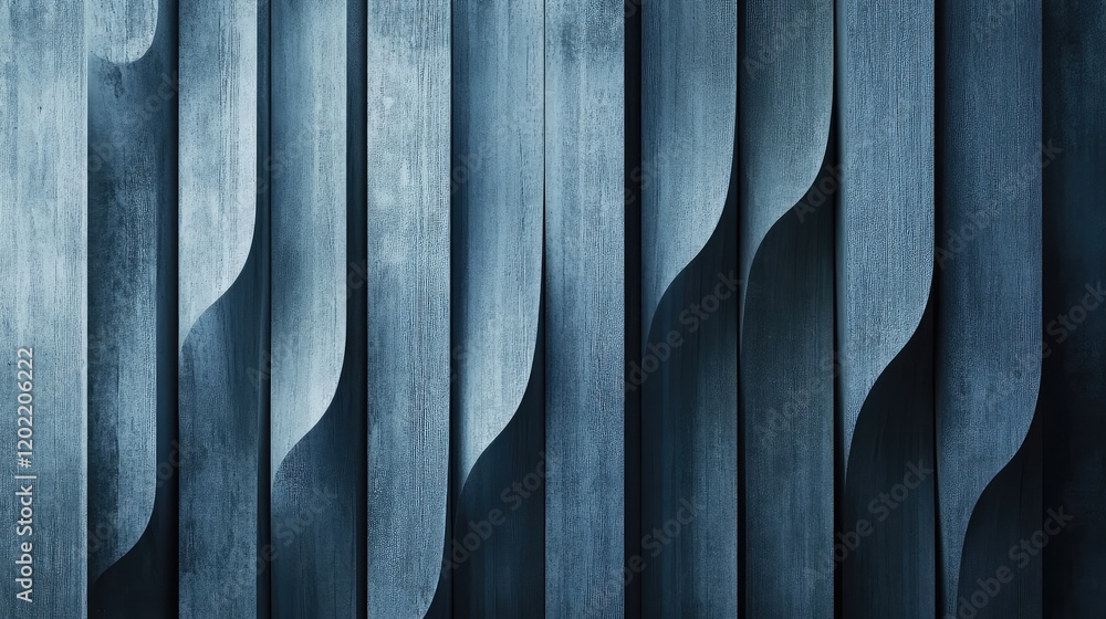 Poster textured abstract background of curved metallic panels in varying shades of blue with copy space for