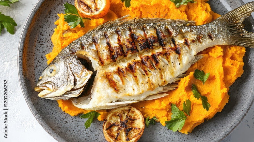 Aufkleber grilled whole fish on bed of mashed sweet potatoes garnished with grilled lemon slices and parsley o