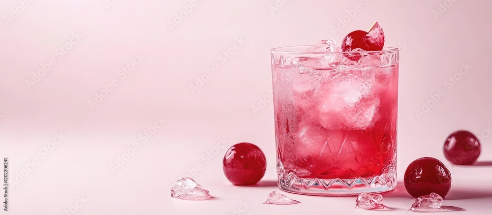 Poster glass of refreshing cherry cocktail with ice cubes and fresh cherries on a pink background with copy