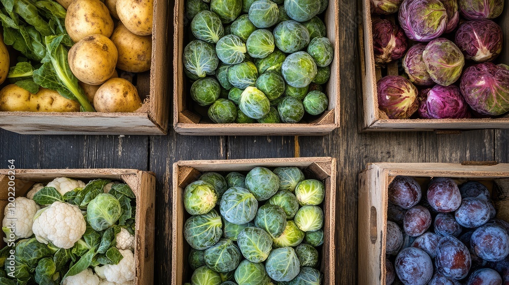 Poster Fresh organic vegetables in wooden crates arranged on a rustic wooden table with copy space for text